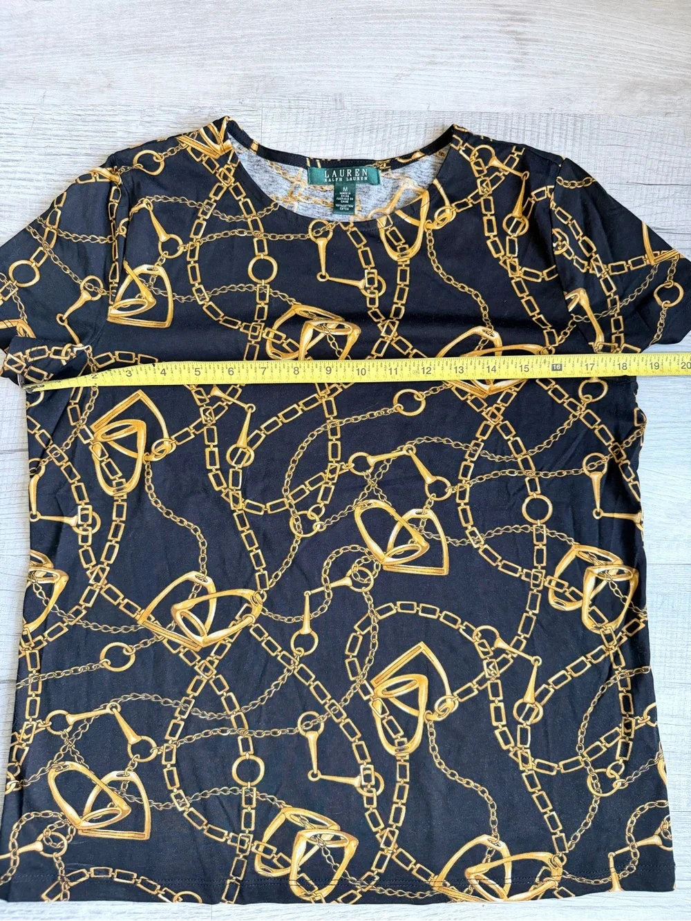 Lauren Ralph Lauren Black Gold Equestrian Horse Bit Chain Print Tee Top Medium